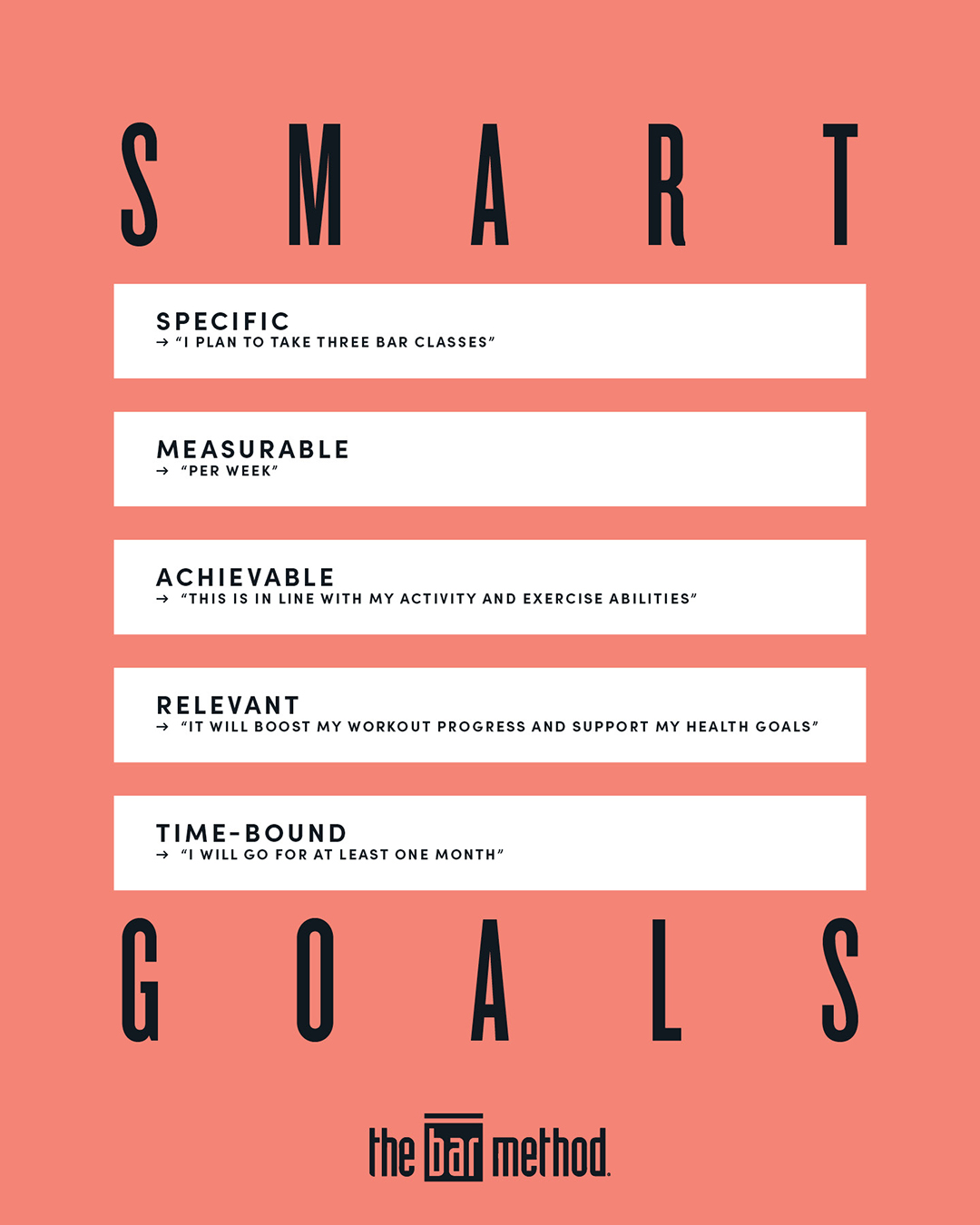 A peach-colored graphic shows SMART goal components with an example for each one.

Specific + Measurable: “I plan to take three barre classes per week”
Time-bound: “For one month”
Achievable: “This is in line with my activity and exercise abilities”
Relevant: “And will boost my workout progress and support my health goals”