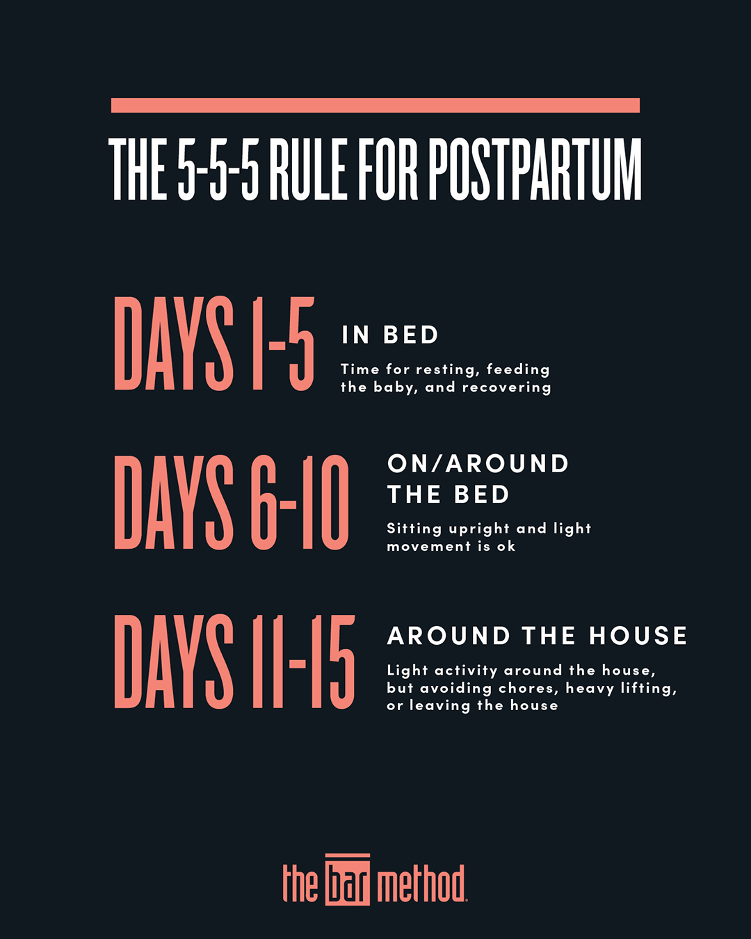 Infographic highlighting the 5-5-5 rule for postpartum fitness routines. Days 1-5: in bed. Days 6-10: On/around the bed. Days 11-15: Around the house.